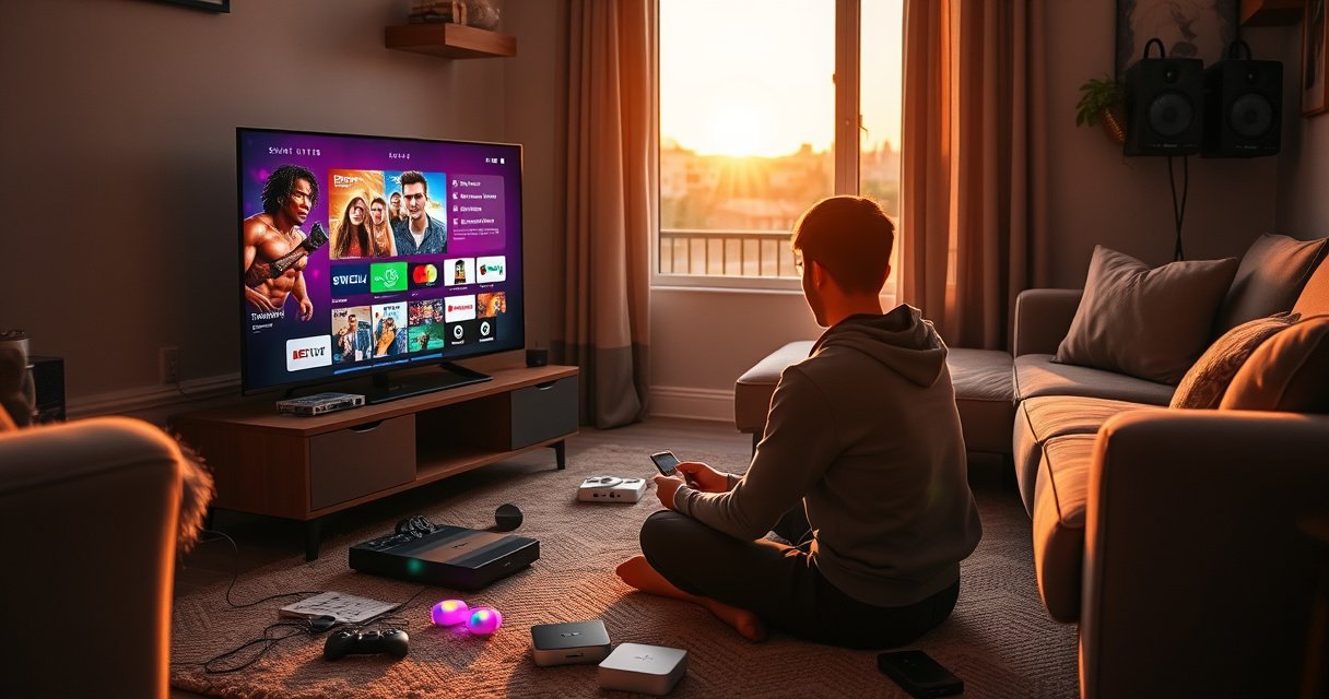 A cozy living room with a sleek smart TV displaying vibrant streaming options, surrounded by plush furniture and warm lighting. A person sits cross-legged on the floor, intently connecting devices, while colorful gadgets and streaming boxes lie scattered nearby. A window reveals a sunset, casting a golden glow over the tech-savvy setup.
