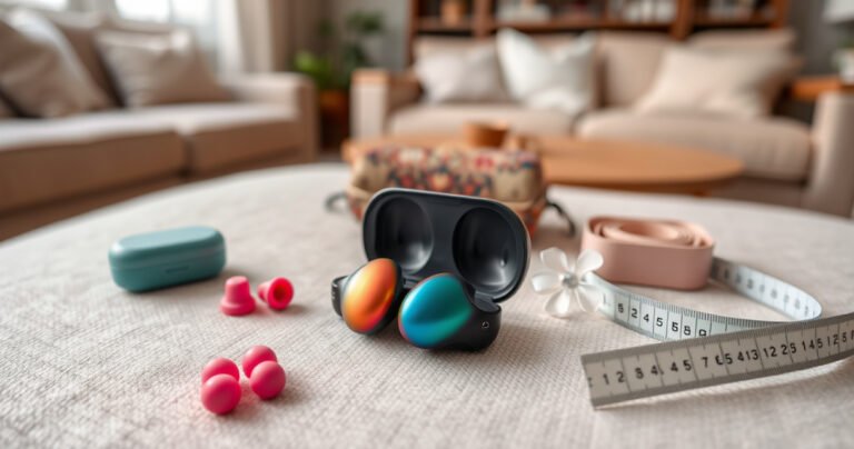 A close-up of a pair of colorful wireless earbuds resting on a soft, textured fabric surface, surrounded by small, creative solutions like silicone ear tips, a decorative case, and a measuring tape, with an inviting, cozy background of a stylish living room, showcasing comfort and practicality for everyday use.