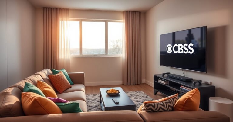 A sleek modern living room featuring a large smart TV displaying the CBS logo. A cozy couch with colorful cushions faces the screen, while a coffee table holds a remote and snacks. Soft lighting creates a warm atmosphere, and a window shows a sunny day outside, inviting viewers to enjoy their streaming experience.