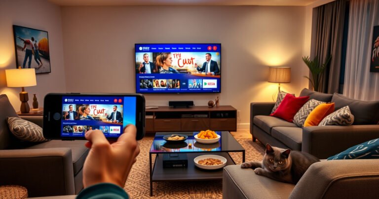 A sleek modern living room featuring a large smart TV displaying vibrant streaming content, a smartphone in hand casting the image, cozy couches with colorful throw pillows, warm ambient lighting, a stylish coffee table with snacks, and a playful cat lounging nearby, all evoking a sense of connectivity and entertainment at home.