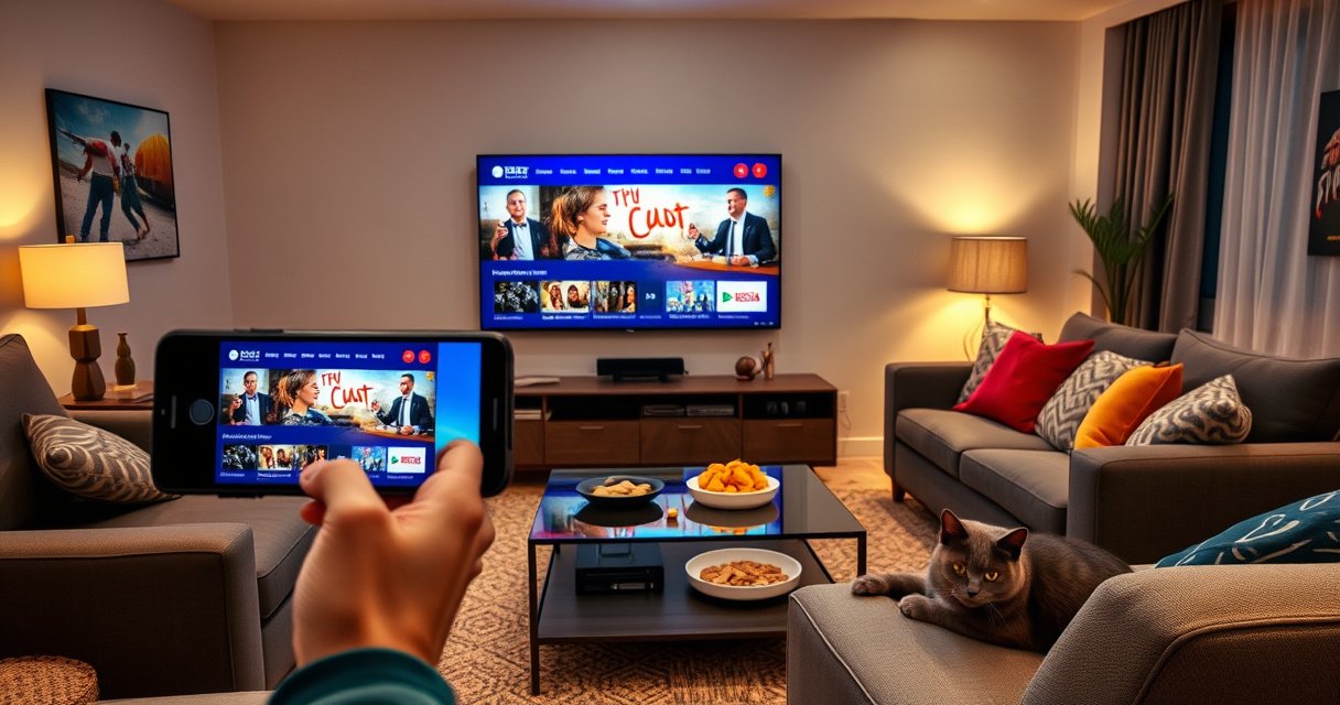 A sleek modern living room featuring a large smart TV displaying vibrant streaming content, a smartphone in hand casting the image, cozy couches with colorful throw pillows, warm ambient lighting, a stylish coffee table with snacks, and a playful cat lounging nearby, all evoking a sense of connectivity and entertainment at home.