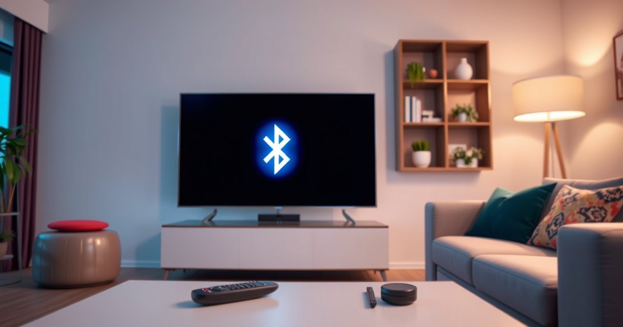 A sleek Samsung Smart TV displaying a glowing Bluetooth symbol, surrounded by a stylish living room with modern furniture and vibrant decor. Soft, ambient lighting casts a warm glow, and a remote control lies on a coffee table, hinting at a user ready to connect devices. A subtle tech-inspired background enhances the atmosphere of connectivity.