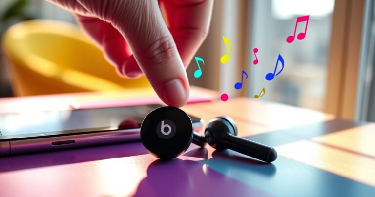 A close-up of sleek Beats earbuds on a vibrant, modern desk with a smartphone displaying Bluetooth settings. Bright ambient light filters through a nearby window, casting soft shadows. Colorful music notes float around, symbolizing connectivity and rhythm, while a hand gently reaches for the earbuds, ready for setup, evoking a sense of excitement and anticipation.