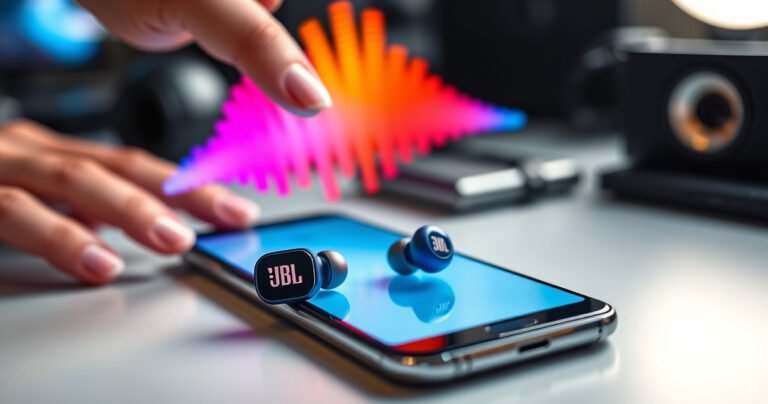 A close-up of vibrant JBL earbuds resting on a sleek, modern workspace, surrounded by colorful sound waves emanating from a smartphone screen. Soft light reflects off the earbuds' glossy finish, while a hand reaches towards the screen, demonstrating the quick pairing process. The background features blurred tech gadgets, creating an atmosphere of innovation and connectivity.
