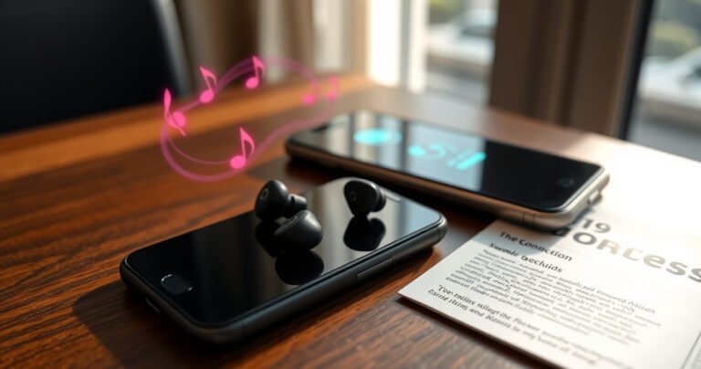 A sleek pair of high-tech Jaybird earbuds resting on a stylish wooden table, surrounded by vibrant sound waves emanating from a smartphone, glowing with connection symbols. Soft sunlight streams in through a nearby window, illuminating the scene, while an open instruction booklet lies nearby, hinting at a seamless and entertaining audio experience.