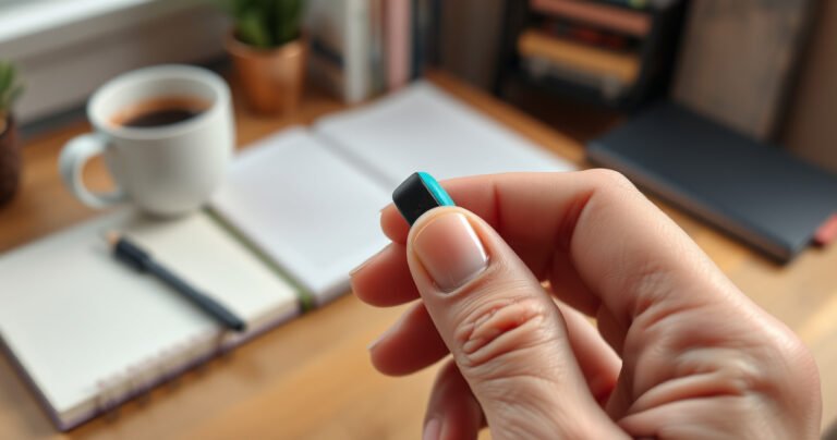 A close-up of a hand gently grasping a colorful earbud, the soft silicone tip slightly stretched, with a blurred background of a cozy workspace filled with notebooks and a steaming cup of coffee, evoking a sense of ease and focus on the task at hand.