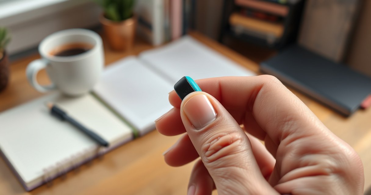 A close-up of a hand gently grasping a colorful earbud, the soft silicone tip slightly stretched, with a blurred background of a cozy workspace filled with notebooks and a steaming cup of coffee, evoking a sense of ease and focus on the task at hand.