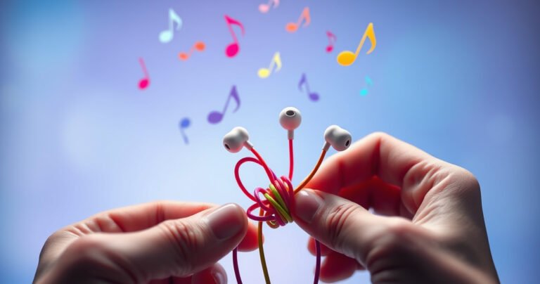 A close-up of hands skillfully tying vibrant, tangled earbuds into a neat, secure knot, surrounded by colorful music notes floating in the air. The background features a soft gradient of blues and purples, evoking a sense of creativity and harmony, while the earbuds glisten, reflecting light, symbolizing the perfect fit and convenience.