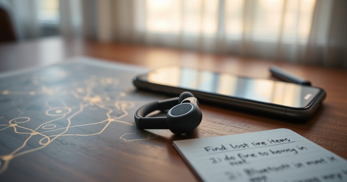 A close-up of a sleek pair of Bluetooth earbuds resting on a wooden table, surrounded by a glowing map displaying Bluetooth signals, with a smartphone showing a tracking app interface. Soft light filters through a nearby window, casting gentle shadows, while an open notebook with notes about finding lost items lies nearby, evoking a sense of urgency and technology.