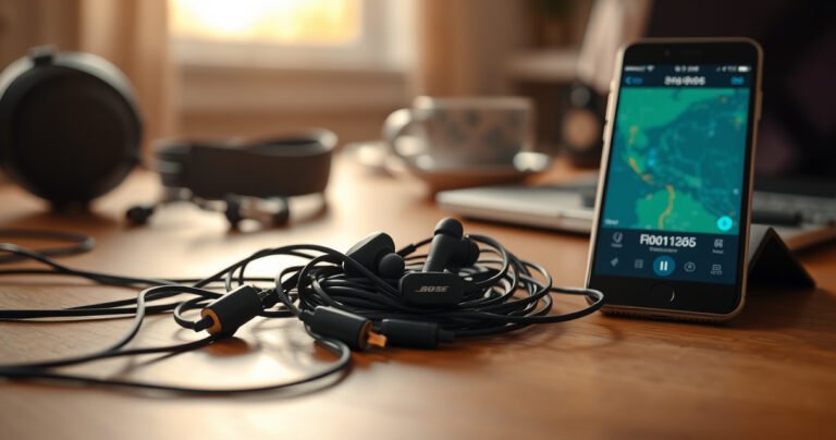 A sleek pair of Bose earbuds nestled among tangled charging cables on a wooden table, illuminated by soft natural light. In the background, a smartphone screen displays a tracking app with a glowing map pinpointing their location. Scattered around are hints of modern technology: headphones, a laptop, and coffee, creating a cozy yet tech-savvy ambiance.