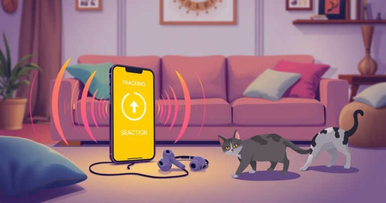 A vibrant illustration of a lost pair of wireless earbuds, surrounded by colorful sound waves and a glowing smartphone displaying a tracking app. The background features a cozy living room with a sofa and scattered cushions, emphasizing the feeling of searching for misplaced items, while a whimsical cat curiously investigates nearby.