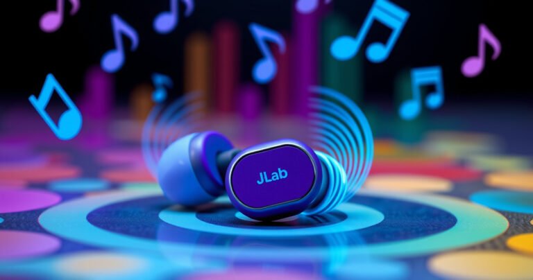 A close-up of vibrant JLab earbuds resting on a colorful, soundwave-patterned surface, with bass notes visualized as dynamic, pulsing waves radiating around them, glowing in shades of blue and purple. Surrounding the earbuds are playful musical notes floating in the air, creating an energetic and inviting atmosphere that emphasizes sound and innovation.