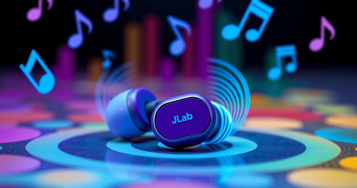 A close-up of vibrant JLab earbuds resting on a colorful, soundwave-patterned surface, with bass notes visualized as dynamic, pulsing waves radiating around them, glowing in shades of blue and purple. Surrounding the earbuds are playful musical notes floating in the air, creating an energetic and inviting atmosphere that emphasizes sound and innovation.
