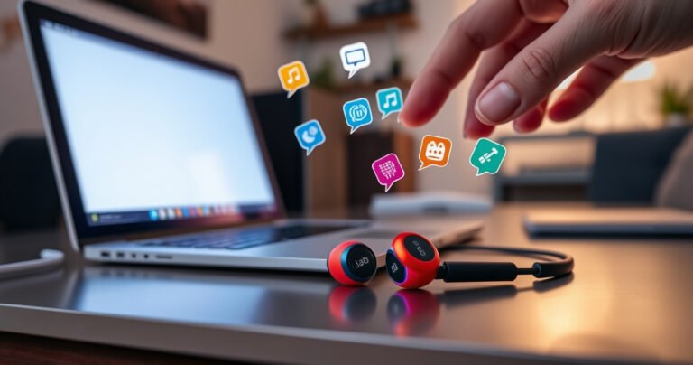A close-up of vibrant JLab earbuds resting on a sleek, modern desk, illuminated by a soft glow from a laptop screen. Nearby, a set of colorful icons representing quick tips float lightly in the air, while a hand reaches towards the earbuds, emphasizing movement and interaction, set against a backdrop of a cozy home office.