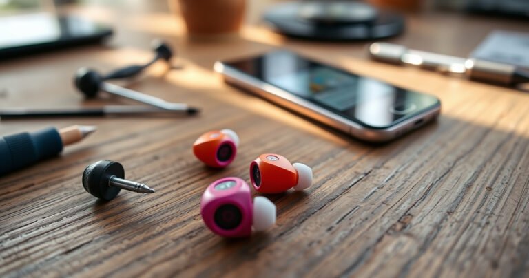 A close-up of vibrant JLab earbuds resting on a textured wooden surface, surrounded by scattered tools like a tiny screwdriver and a smartphone displaying a troubleshooting guide, soft natural light illuminating the scene, evoking a sense of DIY ingenuity and tech-savvy creativity in a cozy, inviting workspace.