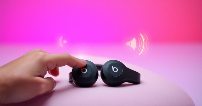 A pair of sleek Beats earbuds resting on a soft, modern surface, with a hand gently tapping the power button, surrounded by glowing icons of Bluetooth signals and sound waves, against a minimalistic background of vibrant colors that suggest technology and ease of use.
