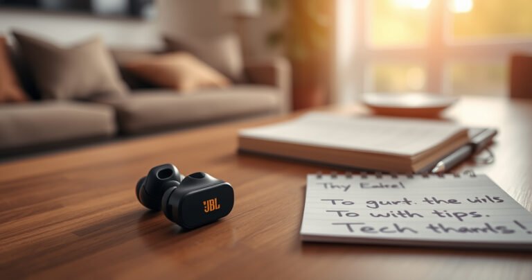 A close-up view of sleek JBL earbuds resting on a wooden table, with a hand gently pressing the power button. The background features a soft-focus of a cozy living room, warm light streaming through a window, and a notepad with handwritten notes on tech tips, creating a calm, inviting atmosphere.