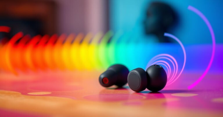 A close-up of sleek, modern wireless earbuds resting on a vibrant, colorful background, with one earbud glowing softly to symbolize connectivity. Around them, swirling sound waves in various bright hues represent stereo audio, emphasizing clarity and the transition from mono to stereo sound. Subtle hints of frustration are illustrated through a faint, blurred figure in the background.