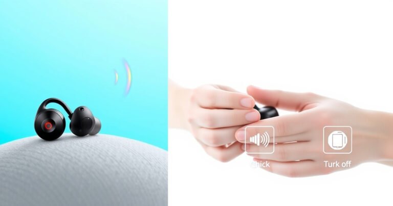 A close-up of sleek Powerbeats Pro earbuds resting on a soft, textured surface, with vibrant sound waves visually emanating from them. A pair of hands gently holding the earbuds, surrounded by easy-to-follow icons illustrating the quick steps to turn them off, all set against a gradient background that transitions from electric blue to calming white.