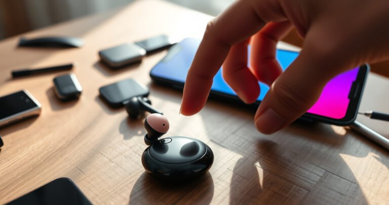 A close-up of sleek wireless earbuds resting on a wooden table, surrounded by scattered tech gadgets. A hand gently reaches towards the earbuds, poised to press the touch sensor. Soft morning light filters through a nearby window, casting delicate shadows, while a smartphone displays a vibrant tutorial screen in the background, hinting at quick steps to silence the device.