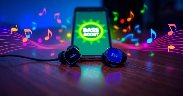 A vibrant close-up of JLab earbuds resting on a wooden table, surrounded by colorful sound waves and musical notes radiating outward, with a smartphone displaying a bass-boost icon glowing softly in the background, evoking a sense of rhythm and energy, infused with deep blues and electric greens to represent enhanced sound.