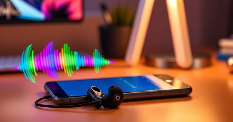 A pair of sleek Beats Flex wireless earbuds resting on a vibrant, modern workspace, surrounded by colorful sound waves visually emanating from them. A stylish smartphone displays the Bluetooth settings screen, with a warm, inviting glow from a nearby desk lamp, evoking a sense of seamless connectivity and music ready to be enjoyed.