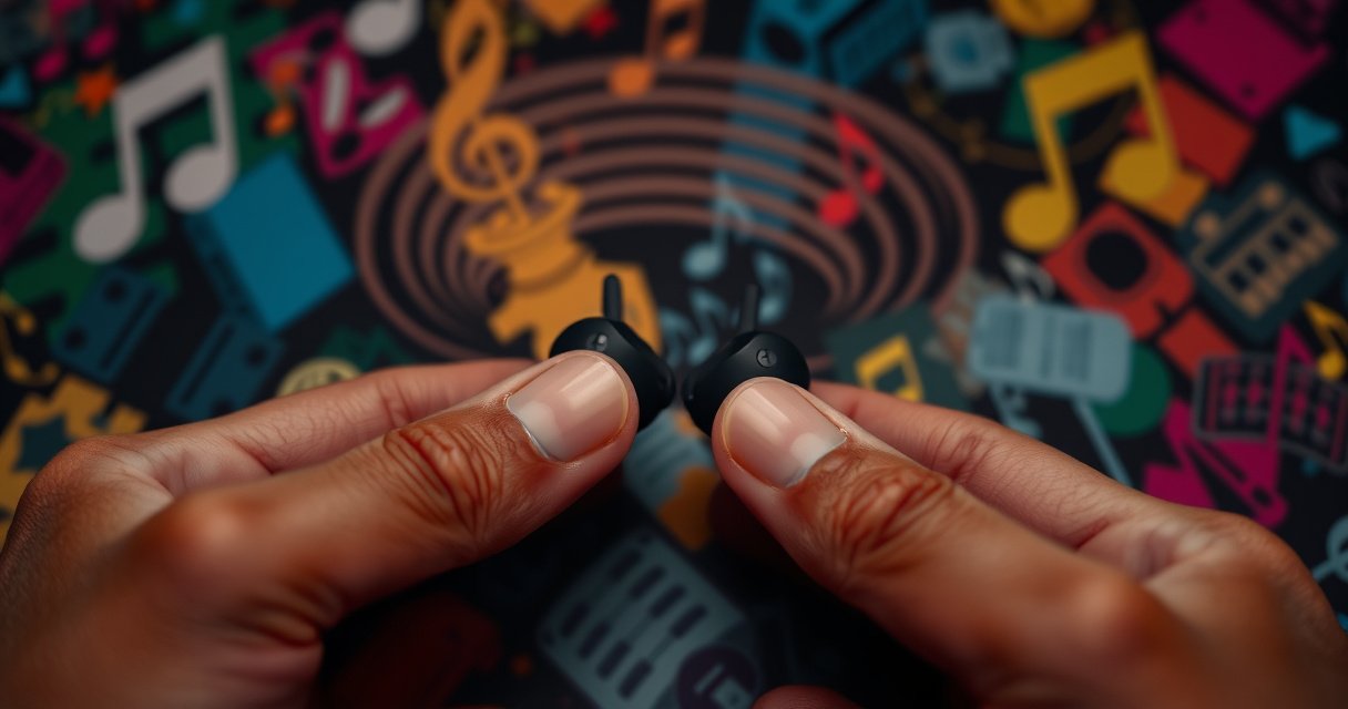 A close-up of sleek, modern Beats wireless earbuds resting on a vibrant, colorful music-themed background, with rhythmic sound waves emanating around them. The earbuds glow softly, emphasizing their elegant design, while a pair of hands demonstrates the simple action of turning them on, creating an inviting and tech-savvy atmosphere.