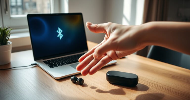A modern workspace with a sleek laptop open, showcasing a vibrant Bluetooth connection symbol on the screen. Nearby, stylish Bluetooth earphones rest on a minimalist wooden desk, surrounded by soft natural light filtering through a window. A hand reaches out, poised to activate the earphones, blending technology and elegance in a seamless, inviting atmosphere.
