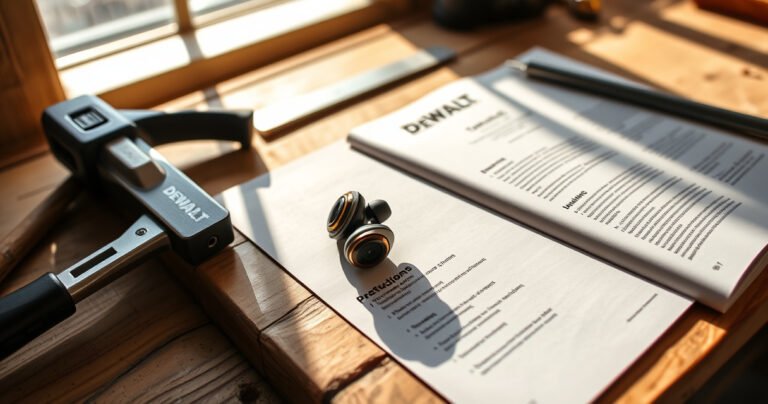 A close-up of Dewalt Bluetooth earbuds resting on a wooden workbench, surrounded by tools like a hammer and measuring tape. Sunlight filters through a nearby window, casting soft shadows. The earbuds are illuminated, showcasing their sleek design. An open instruction manual lies beside them, with highlighted steps for pairing, creating an inviting and informative scene.