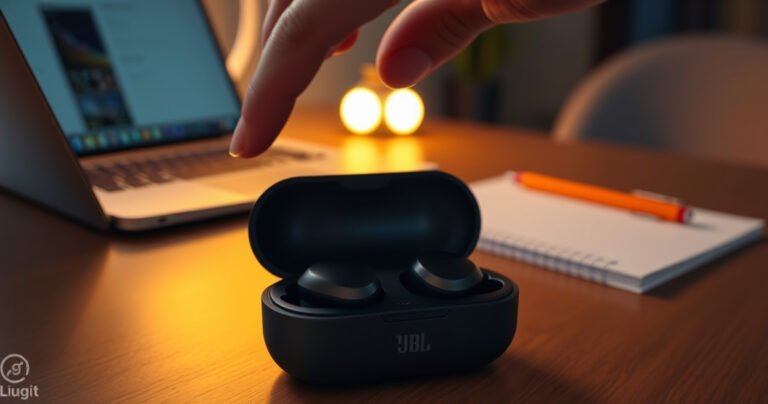 A close-up of a pair of sleek JBL earbuds nestled in their charging case, glowing softly. In the background, a modern workspace with a laptop and notepad, while a hand reaches towards the earbuds, ready to press a button. Warm lighting casts a welcoming glow, evoking a sense of ease and innovation.