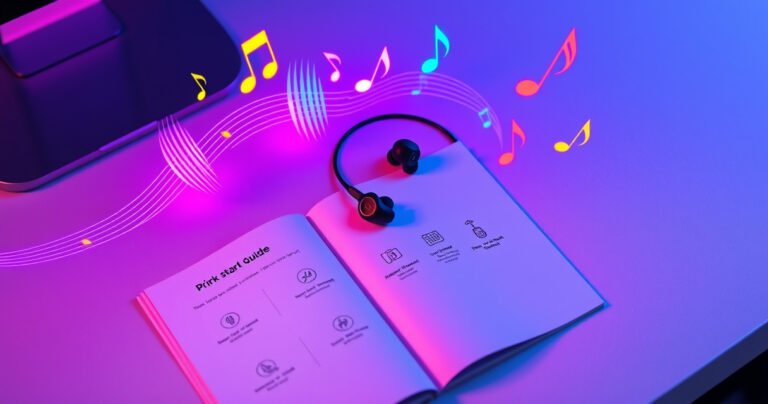 A sleek pair of Prime Audio earbuds resting on a soft, modern desk, surrounded by glowing sound waves and vibrant musical notes. An open instruction booklet lies beside them, with bright icons illustrating a quick start guide. The background features a subtle, tech-inspired pattern, evoking a sense of innovation and audio clarity.
