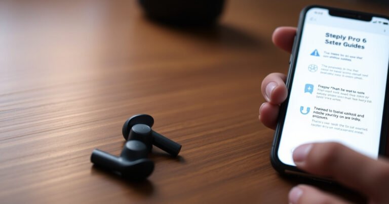 A close-up of sleek, futuristic Pro 6 earbuds resting on a wooden table, surrounded by a glowing smartphone displaying a step-by-step guide. Soft, ambient light highlights the earbuds' design, while a hand reaches towards the phone, emphasizing the seamless connection between technology and user. A minimalistic aesthetic enhances the modern vibe.