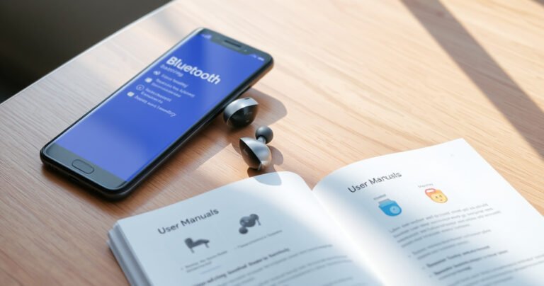 A sleek pair of Samsung earbuds resting on a wooden table, with a vibrant smartphone displaying the Bluetooth settings screen nearby. Soft natural light filters through a window, casting gentle shadows. An open user manual lies beside the earbuds, featuring colorful illustrations and easy-to-follow steps, inviting readers to explore technology effortlessly.