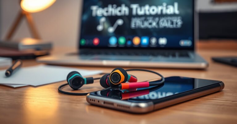 A close-up of colorful Skullcandy earbuds resting on a sleek, modern wooden desk, surrounded by a glowing smartphone and scattered notes. Soft ambient light highlights the earbuds, emphasizing their vibrant design. In the background, a blurred laptop displays a tech tutorial, illustrating a seamless connection between music and technology, evoking a sense of ease and innovation.