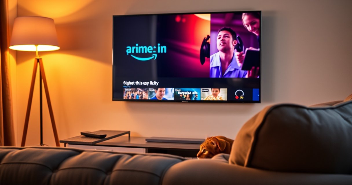 A cozy living room scene featuring a sleek smart TV displaying the Amazon Prime logo, with colorful subtitles on a popular movie. Warm lighting from a floor lamp illuminates a comfy couch with popcorn and a remote on the side table. A curious cat peeks from behind the couch, adding a touch of warmth and charm.