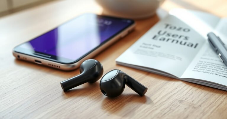 A close-up of sleek, modern Tozo earbuds resting on a minimalist wooden desk, surrounded by soft morning light. The earbuds are elegantly designed, featuring a glossy finish, with a smartphone displaying a vibrant screen in the background. Nearby, an open user manual lays open, hinting at quick steps for activation.
