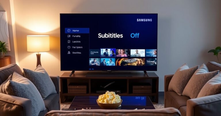 A cozy living room scene featuring a sleek Samsung Smart TV displaying the vibrant "Subtitles Off" menu, surrounded by a plush sofa, soft throw pillows, and a warm glow from a nearby table lamp, creating an inviting atmosphere perfect for movie nights. Subtle hints of popcorn and a remote control rest on the coffee table.
