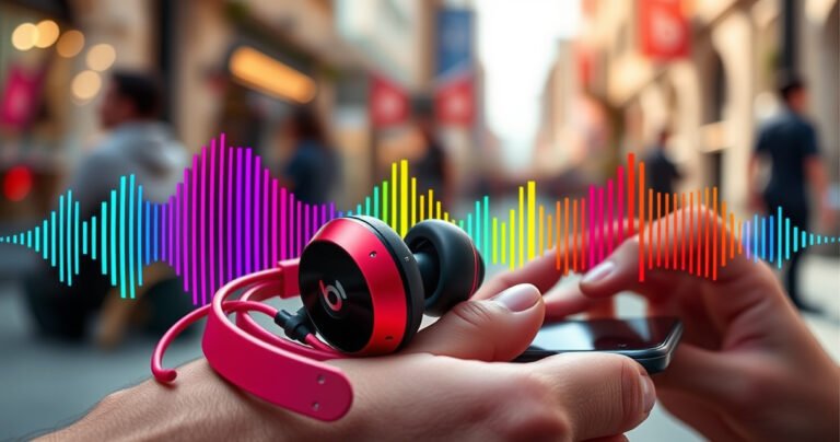 A close-up of vibrant, sleek Beats earbuds nestled in a stylish setting, surrounded by sound waves illustrated in bright colors, with hands adjusting the volume on a smartphone. The background features a lively urban scene, hinting at music and energy, capturing the essence of modern audio technology and effortless style.