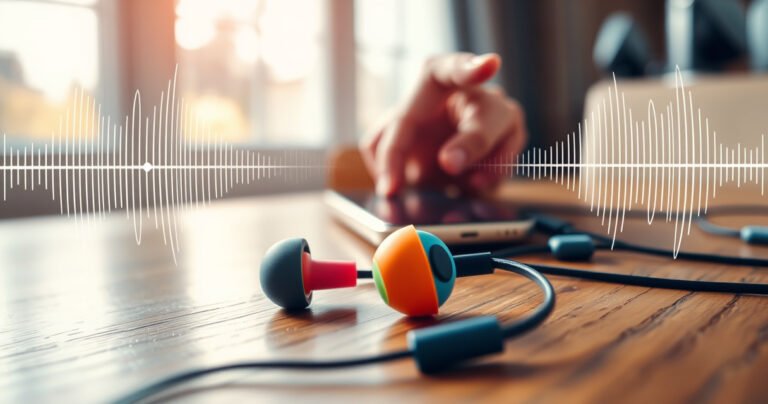 A close-up of vibrant, colorful earbuds resting on a wooden table, surrounded by sound waves visually pulsating in the air. In the background, a hand adjusts a smartphone's volume slider, with soft sunlight streaming through a window, creating a warm, inviting atmosphere that highlights the theme of enhancing sound.