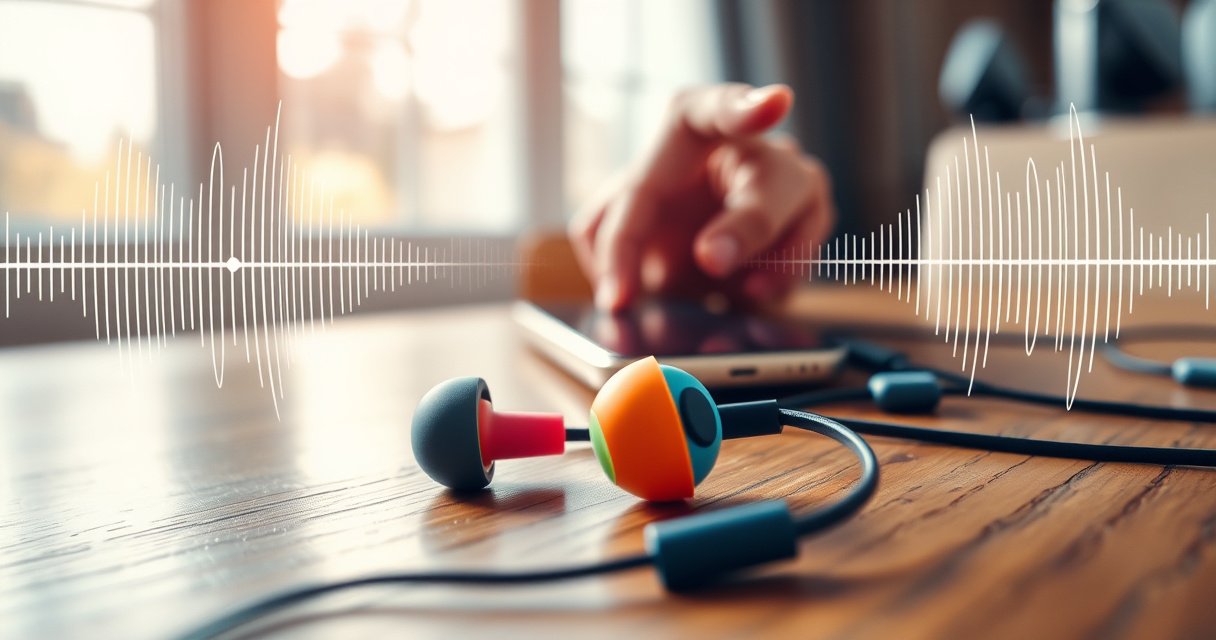 A close-up of vibrant, colorful earbuds resting on a wooden table, surrounded by sound waves visually pulsating in the air. In the background, a hand adjusts a smartphone's volume slider, with soft sunlight streaming through a window, creating a warm, inviting atmosphere that highlights the theme of enhancing sound.