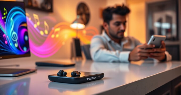 An elegant workspace with TOZO earbuds resting on a sleek desk, surrounded by a smartphone and colorful soundwave graphics, vibrant musical notes swirling around, an inviting ambiance with warm lighting, and a focused individual adjusting the volume on their device, exuding a sense of clarity and connection to music.