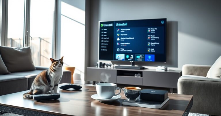 A sleek, modern living room featuring a large smart TV displaying an uninstall menu, surrounded by remote controls and a cozy couch. Bright natural light filters through a window, casting soft shadows, while a curious cat watches attentively. A stylish coffee table is adorned with tech gadgets and a steaming cup of coffee, inviting a sense of ease and modernity.