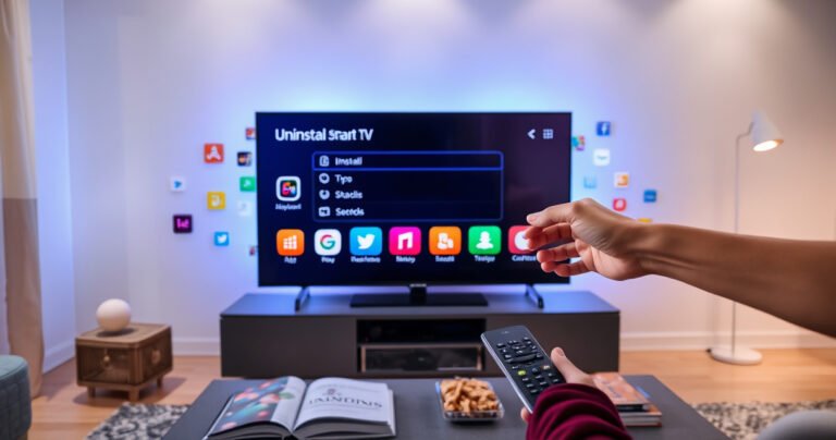 A modern living room featuring a sleek Samsung Smart TV displaying an uninstall menu on the screen. Surrounding the TV are various colorful app icons fading into the background. Soft ambient lighting enhances the tech-savvy atmosphere, while a hand reaches towards the TV remote, poised to select an app. A coffee table with guidebooks and snacks completes the scene.