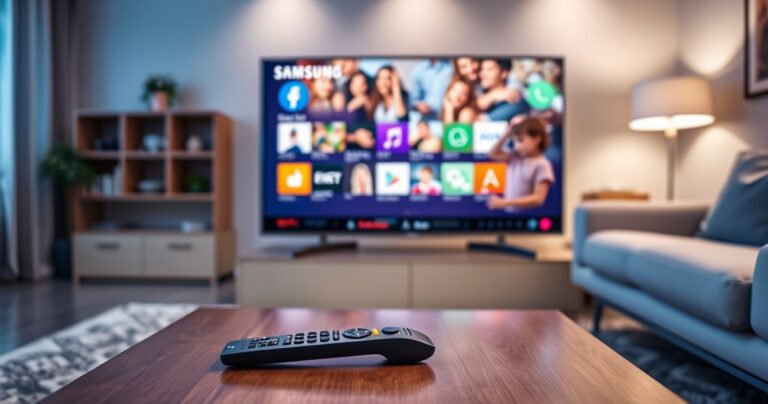 A sleek Samsung Smart TV displaying a vibrant home screen filled with colorful app icons, surrounded by a cozy living room with soft lighting and modern furniture. A remote control rests on a stylish coffee table, with a blurred view of a family enjoying a movie night in the background, creating a warm and inviting atmosphere.