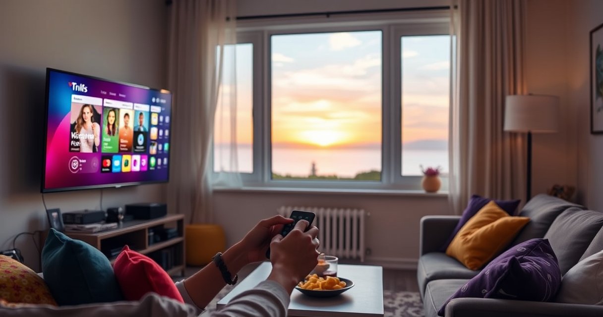 A cozy living room with a sleek smart TV displaying a colorful app interface. A person, mid-action, is using a remote control, surrounded by vibrant throw pillows and a coffee table with snacks. Soft ambient lighting creates a warm atmosphere, with a window showing a sunset outside, symbolizing the ease of updating technology at home.