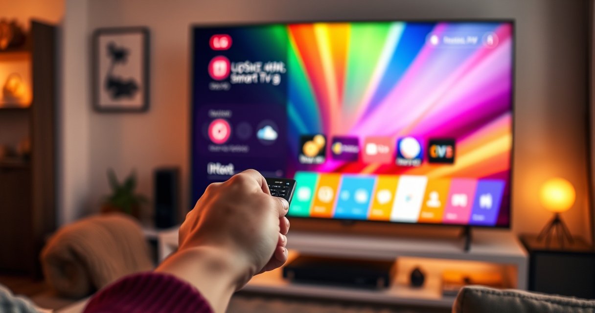 A sleek LG Smart TV displaying a vibrant, colorful interface, surrounded by a cozy living room setup. A hand is poised over a remote, with icons of apps and updates glowing on the screen. Warm lighting enhances the inviting atmosphere, hinting at modern technology meeting home comfort.