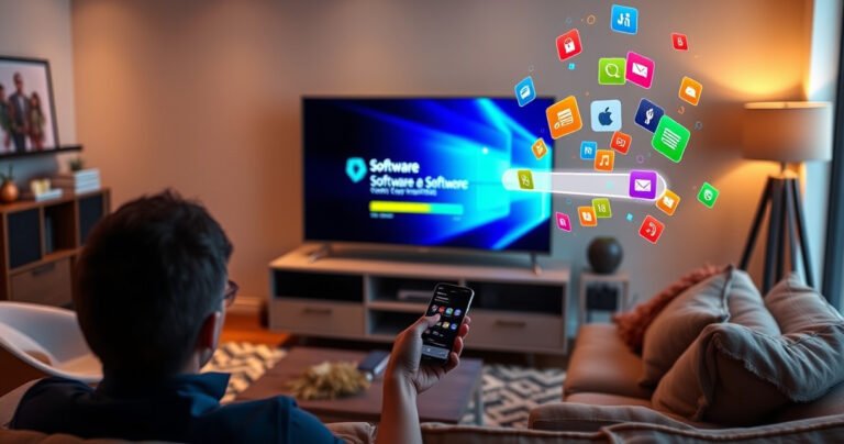 A modern living room featuring a sleek Vizio Smart TV displaying a vibrant software update screen, surrounded by cozy furniture and warm lighting. A person sits on the couch, engrossed in their smartphone, with colorful digital icons and a progress bar floating in the air, symbolizing the update process in a tech-savvy home environment.