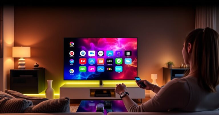 A sleek Samsung TV displaying a vibrant, colorful Smart Hub interface, with animated app icons and a futuristic, digital ambiance. Surrounding the TV are modern living room elements, like cozy couches and ambient lighting, while a user eagerly interacts with the remote, showcasing a blend of technology and comfort in a stylish home setting.