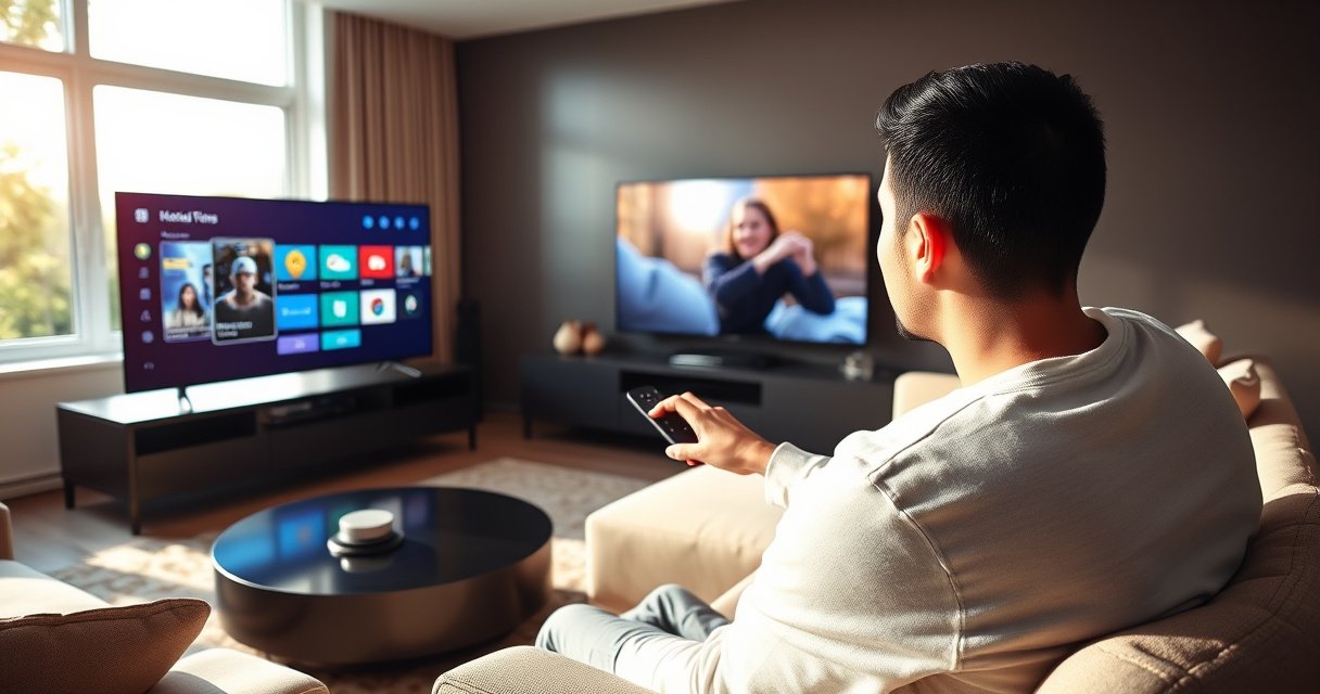 A sleek modern living room with a vibrant smart TV displaying a colorful interface, a person eagerly navigating through settings on a remote, surrounded by comfortable furniture, soft ambient lighting, and a window revealing a sunny day outside, symbolizing a blend of technology and home warmth.