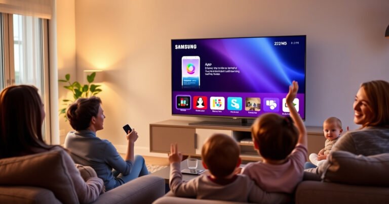 A sleek Samsung Smart TV glowing in a modern living room, displaying a vibrant app update screen. Surrounding the TV, cozy furniture and soft lighting create an inviting atmosphere, while a family excitedly gathers, remote in hand, ready to enhance their viewing experience. A subtle hint of technology and connection fills the air.